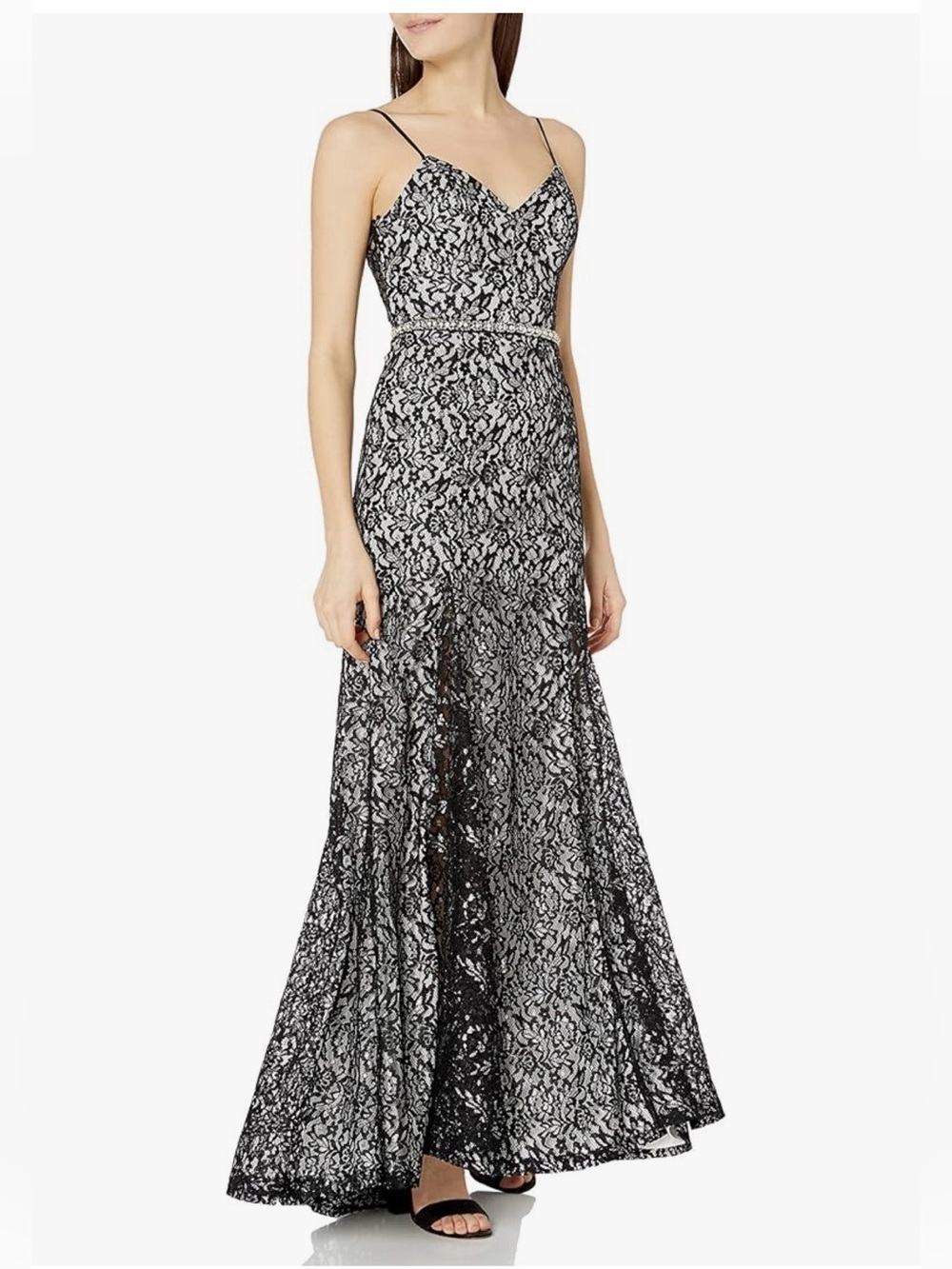 Sequin Hearts Black and White Lace Spaghetti-Strap Maxi Dress